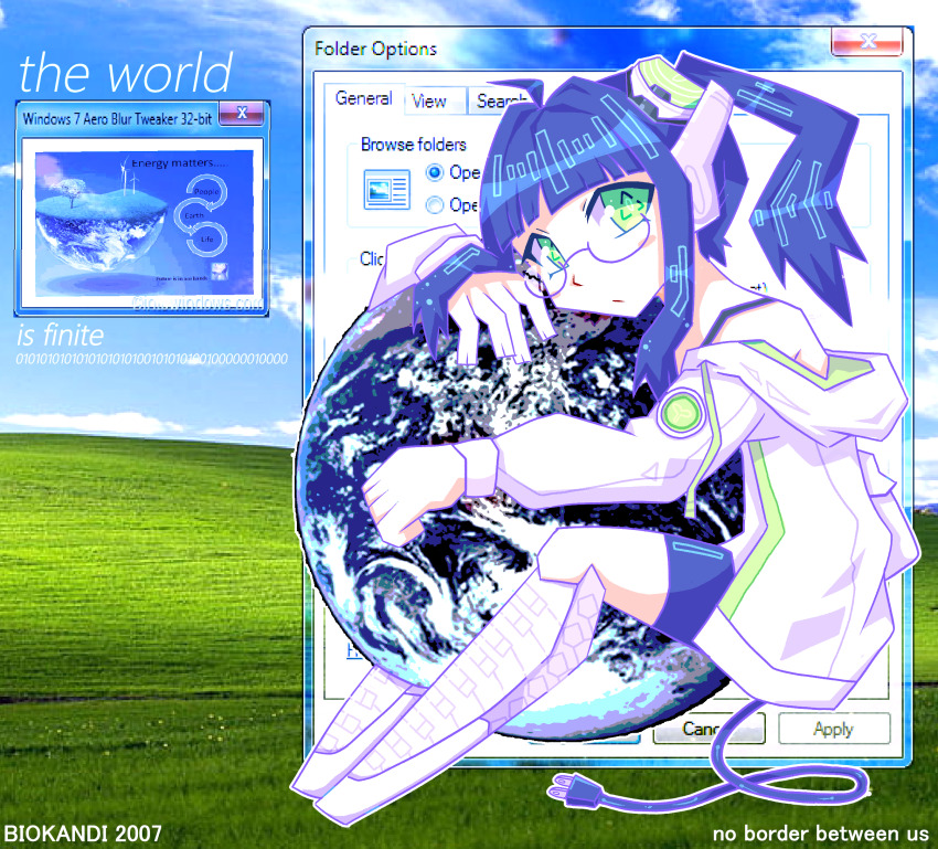 1girl 2000s_(style) 2007 android biokandi bliss_(image) blue_hair cable cable_tail cyber_fashion earth_(planet) frutiger_aero glasses green_eyes highres holding_planet hood hoodie looking_at_viewer mecha_musume mechanical_tail microsoft_windows original planet robot robot_ears science_fiction sitting solo tail window_(computing) windows_7 windows_xp