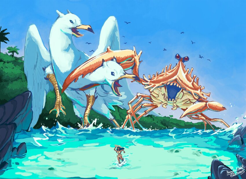 1girl artist_name bikini bird black_hair blue_sky crab day dettanarts fighting fleeing giant giant_monster hat highres multiple_heads original outdoors seagull signature sky sun_hat swimsuit tree twitter_username two-headed_bird water white_hat