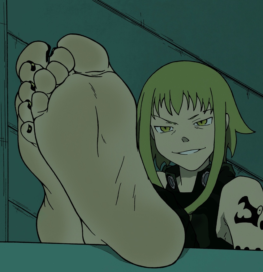 1girl arm_tattoo barefoot feet feet_up foot_focus green_eyes green_hair indoors legs_up medusa_gorgon murati2882_(artist) nail_polish short_hair sleeveless soles solo soul_eater tattoo toes