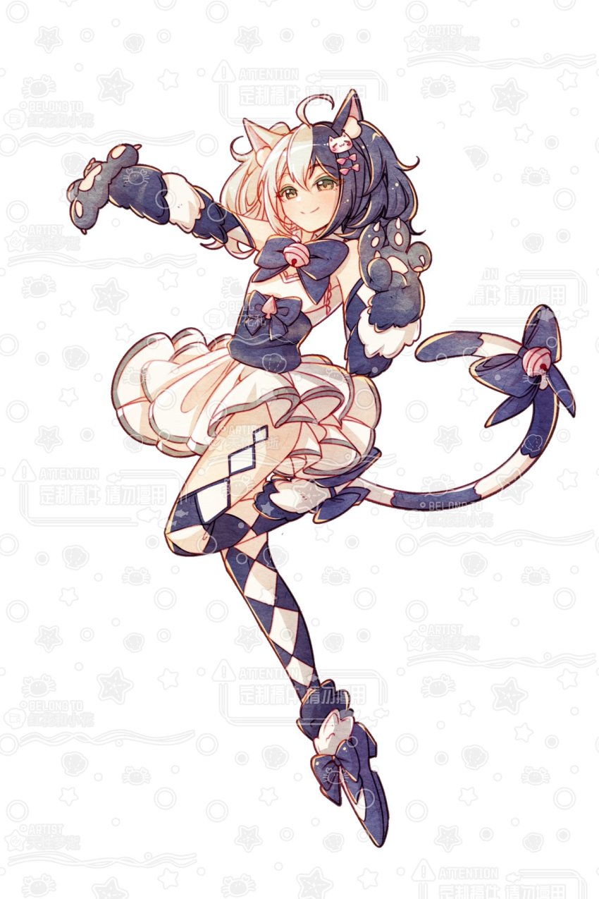 1girl ahoge animal_ears bell bow bowtie cat_ears cat_girl cat_hair_ornament cat_tail checkered_clothes checkered_legwear cheshire_cat_(monster_girl_encyclopedia) claws closed_mouth detached_sleeves fafa66421797 flat_chest floating full_body green_eyes hair_between_eyes hair_ornament highres jingle_bell monster_girl_encyclopedia multicolored_hair skirt smile solo split_mouth tail tail_bell tail_ornament thighhighs two_side_up