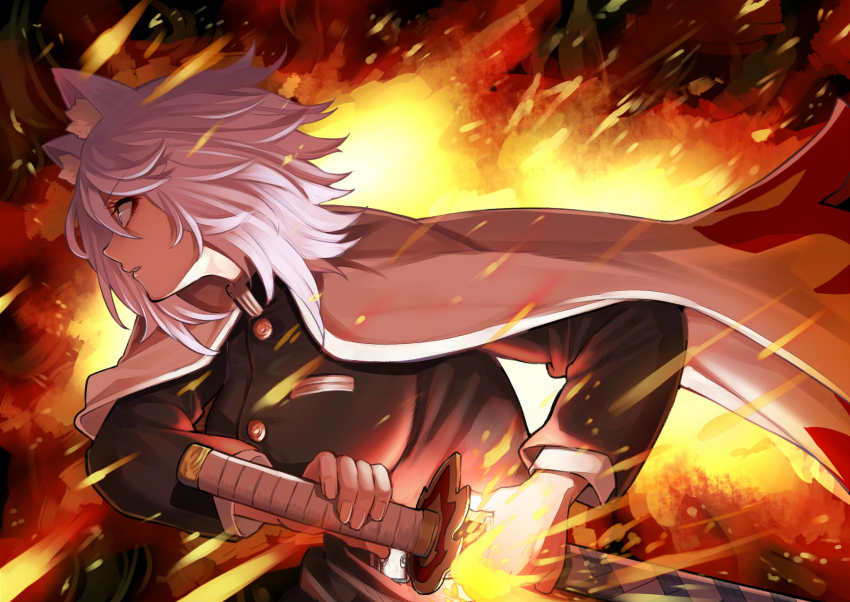 1girl animal_ear_fluff animal_ears black_shirt breasts cat_ears clenched_teeth commentary_request cosplay drawing_sword fire from_side gakuran haori highres holding holding_sword holding_weapon hololive japanese_clothes katana kimetsu_no_yaiba light_purple_hair long_sleeves medium_breasts mikan_(chipstar182) nekomata_okayu parody profile rengoku_kyoujurou rengoku_kyoujurou_(cosplay) school_uniform sheath shirt short_hair solo sword teeth unsheathing upper_body virtual_youtuber weapon