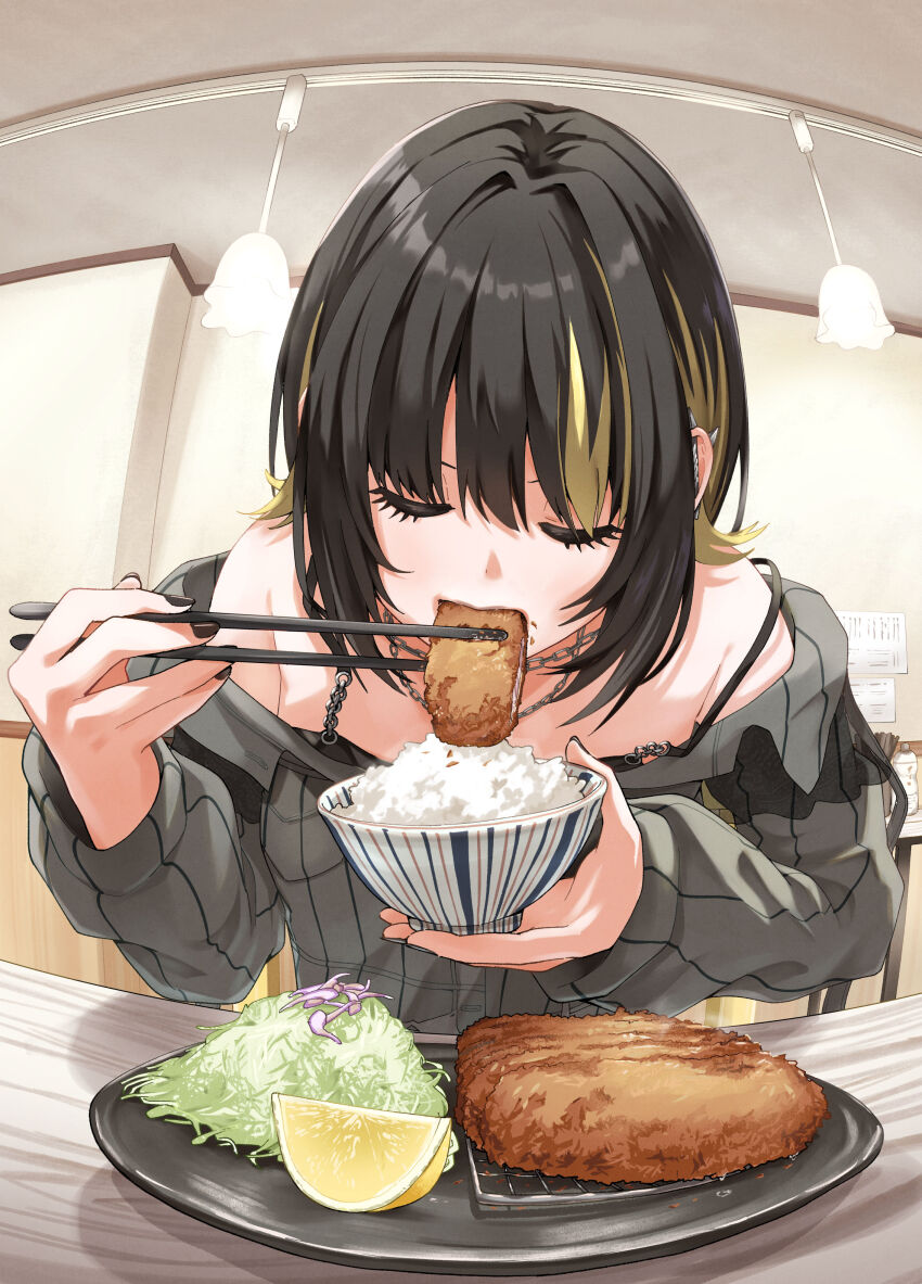 1girl absurdres black_bra black_hair blonde_hair bowl bra bra_strap cabbage chopsticks closed_eyes eating fingernails food fruit gomesu_(gomes0343) grey_shirt highres holding holding_bowl holding_chopsticks idolmaster idolmaster_shiny_colors ikaruga_luca indoors katsu_(food) lemon lemon_slice nail_polish off-shoulder_shirt off_shoulder restaurant rice shirt sitting solo underwear