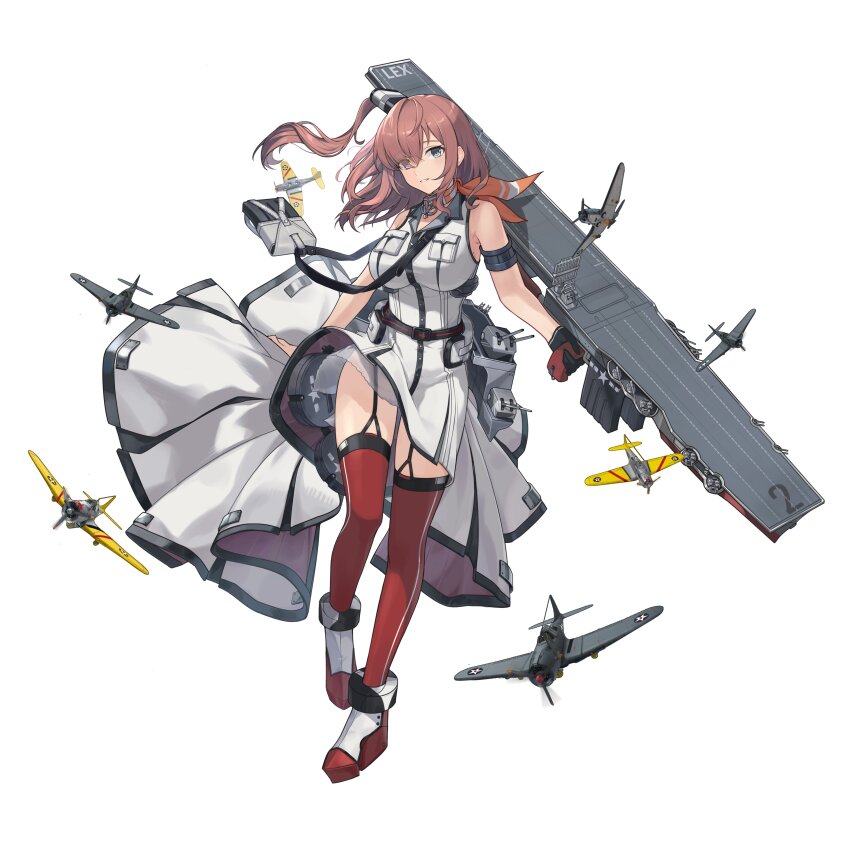 1girl absurdres battle_effectiveness_award blue_eyes breast_pocket breasts brown_hair commentary_request dress hair_between_eyes hair_ornament high_side_ponytail highres kantai_collection large_breasts long_hair looking_at_viewer neckerchief open_mouth original pocket ponytail side_ponytail sidelocks simple_background smile smokestack smokestack_hair_ornament solo thighhighs uss_lexington_(cv-2)_(personification) white_dress xiu_kukkii