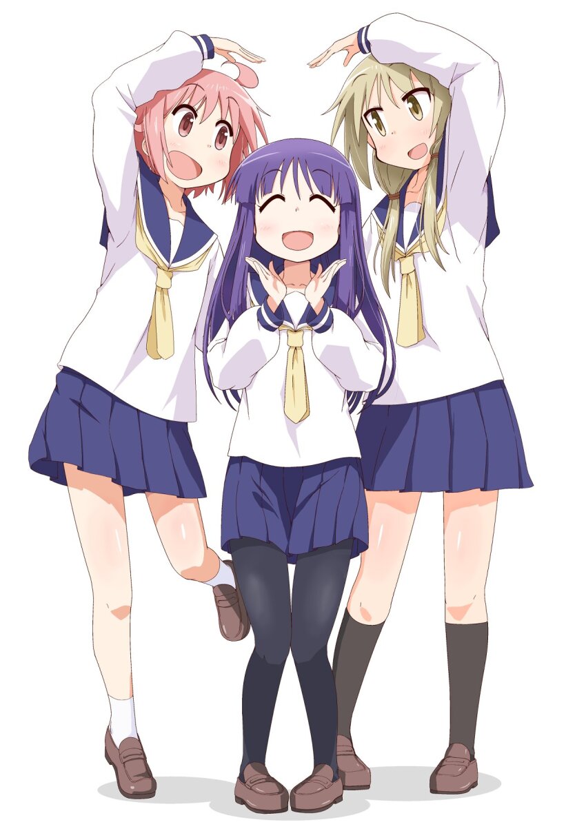 3girls :d ahoge black_pantyhose black_socks blonde_hair blue_sailor_collar blue_skirt brown_footwear closed_eyes commentary_request full_body heart_arms_trio highres hinata_yukari ichii_yui ki_(adotadot) kneehighs knees_together_feet_apart light_blush loafers long_hair long_sleeves low_twintails multiple_girls necktie nonohara_yuzuko open_mouth pantyhose pink_hair pleated_skirt purple_hair sailor_collar school_uniform shirt shoes short_hair simple_background skirt smile socks standing twintails white_background white_shirt white_socks yellow_eyes yellow_necktie yuyushiki yuyushiki&#039;s_school_uniform