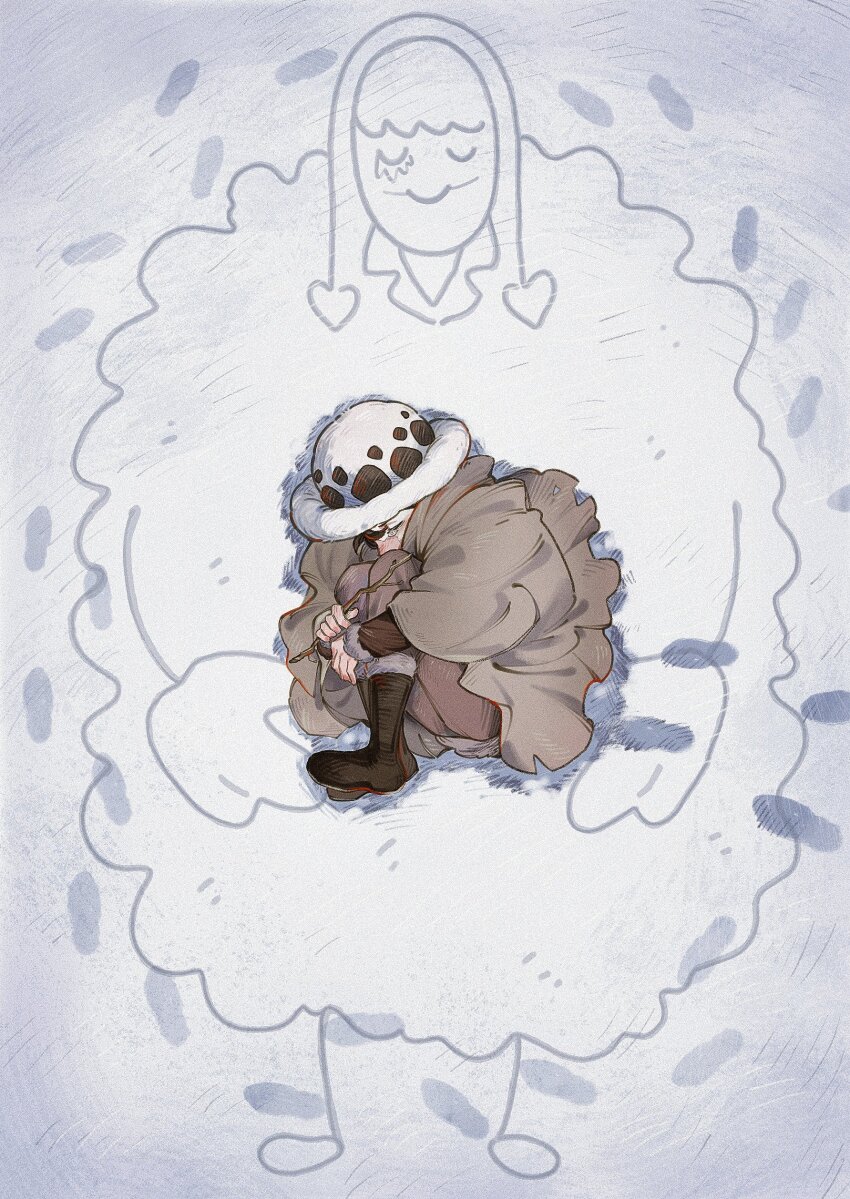 1boy absurdres aged_down boots brown_footwear child cloak closed_eyes commentary curled_up donquixote_rocinante english_commentary hat highres holding holding_stick hood jo_jun lying on_side one_piece profile smile snow stick trafalgar_law