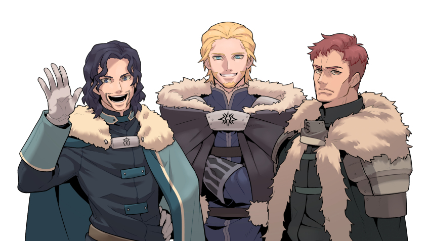 3boys aqua_cape arm_up armor beard belt black_belt black_cape black_hair black_shirt black_tunic blonde_hair blue_coat blue_eyes cape closed_mouth coat collared_shirt commentary_request crest facial_hair family_crest fire_emblem fire_emblem:_three_houses frown fur-trimmed_cape fur_trim gloves grin hair_slicked_back hand_on_own_hip highres korean_commentary lambert_egitte_blaiddyd looking_at_viewer male_focus matthias_raoul_gautier mature_male multiple_boys nintendo open_mouth orange_eyes pauldrons red_hair redlhzz rodrigue_achille_fraldarius shirt shoulder_armor simple_background sleeve_cuffs smile teeth tunic upper_body waving white_background white_fur white_gloves