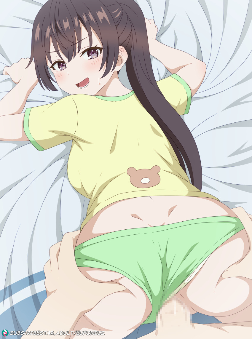 1boy 1girl :d absurdres all_fours ass bed blush breasts brown_eyes brown_hair censored clothing_aside dimples_of_venus doggystyle eufoniuz grabbing_another&#039;s_ass green_panties green_shorts groping hetero highres looking_at_viewer looking_back medium_breasts mosaic_censoring on_bed open_mouth paid_reward_available panties panties_aside penis ponytail pov pussy sex sex_from_behind shirt short_sleeves shorts shorts_aside smile subscribestar_logo subscribestar_username suou_yuki tokidoki_bosotto_roshia-go_de_dereru_tonari_no_alya-san underwear vaginal watermark web_address yellow_shirt
