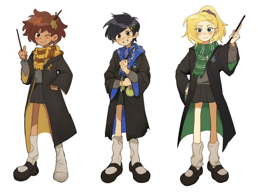 3girls amphibia anne_boonchuy black_footwear black_hair black_skirt blonde_hair blue_eyes blue_scarf blush brown_eyes brown_hair cardigan cloak dark_skin full_body green_scarf grey_sweater hair_ornament hairclip hand_on_own_hip highres hogwarts_school_uniform holding holding_wand hufflepuff jocy3 leaf leaf_on_head light_blush long_sleeves loose_socks marcy_wu multiple_girls one_eye_closed pleated_skirt ponytail ravenclaw sasha_waybright scarf school_uniform scrunchie shoes short_hair single_shoe skirt slytherin smile socks standing striped_clothes striped_scarf sweater teeth wand white_background wizarding_world yellow_scarf