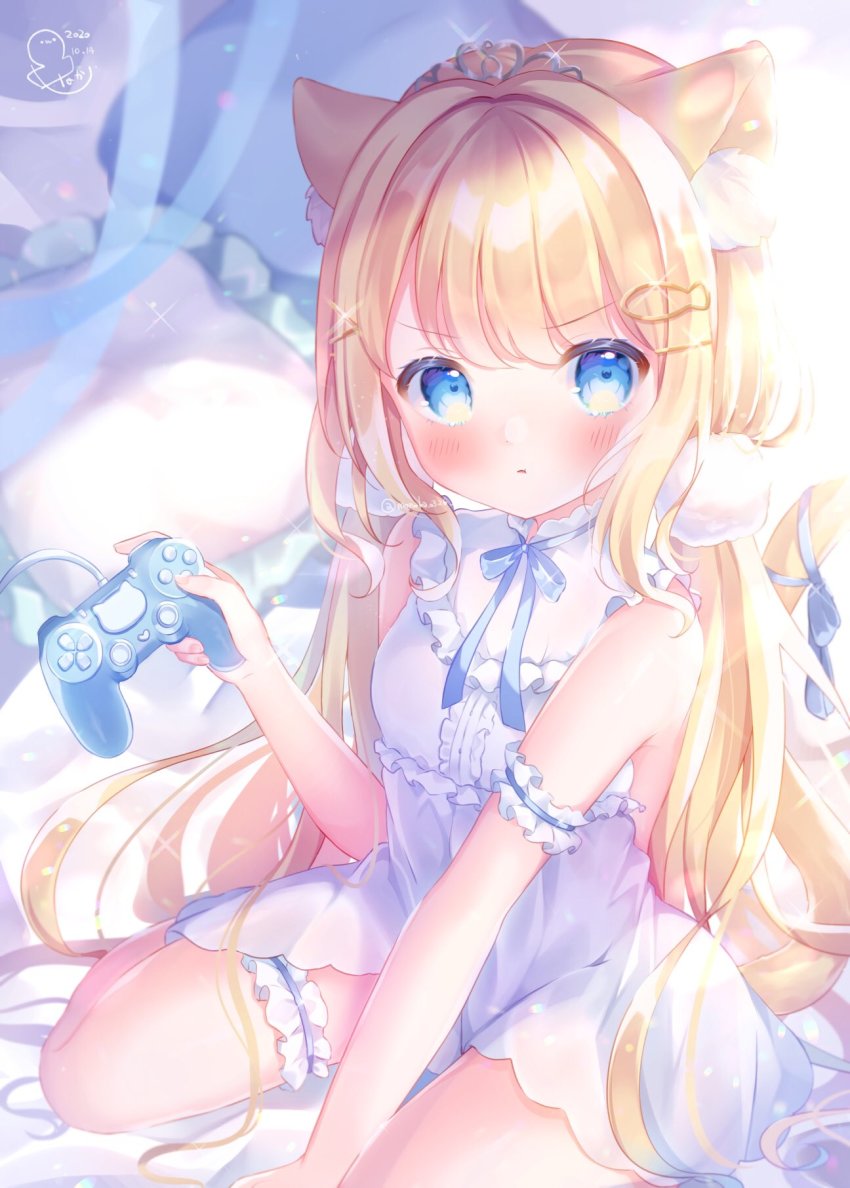 1girl animal_ears arm_garter bare_shoulders bed blonde_hair blue_eyes blush bridal_garter cat_ears cat_tail controller dress game_controller highres holding holding_controller holding_game_controller long_hair omochi_monaka original pillow solo tail