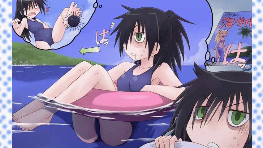 10s 1girl afloat bags_under_eyes black_hair digital_media_player drooling end_card floating fujishiro_takeshi green_eyes ipod kuroki_tomoko poster_(object) sea_urchin swimsuit watashi_ga_motenai_no_wa_dou_kangaetemo_omaera_ga_warui! water