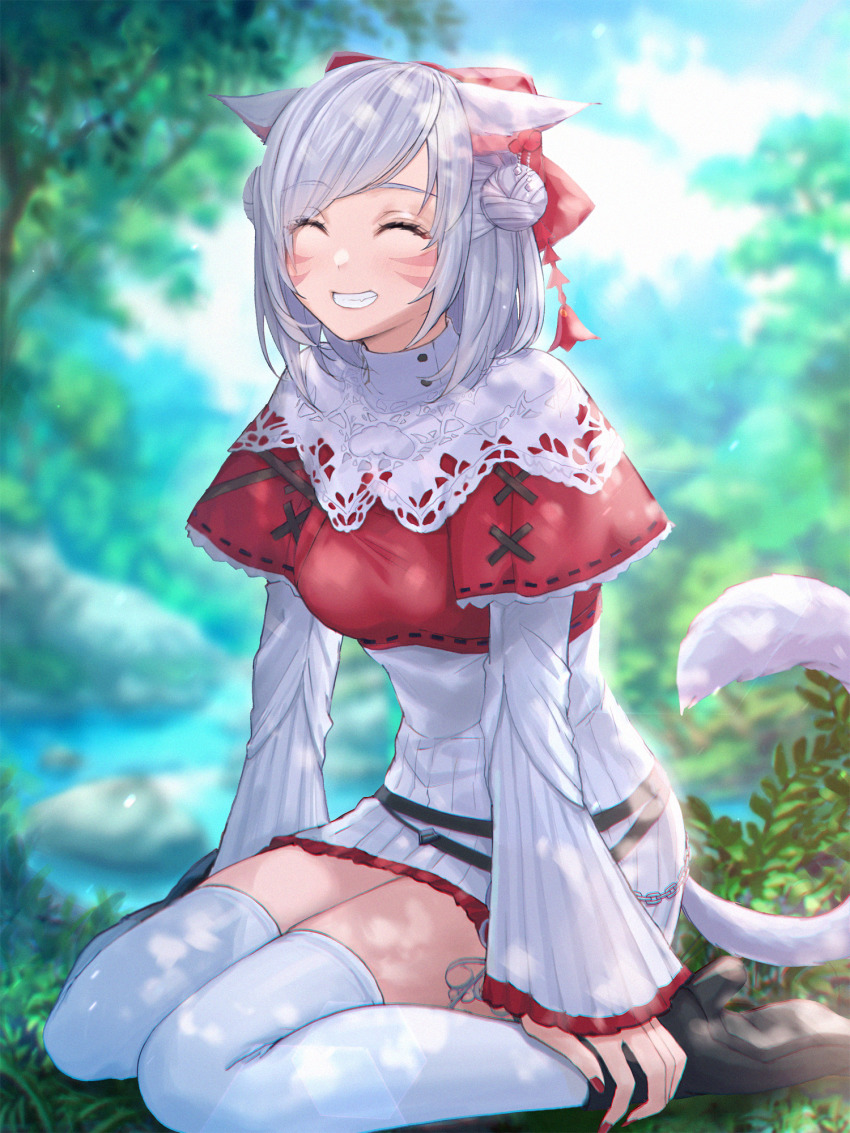 1girl animal_ears warrior_of_light_(ff14) blurry blurry_background bow breasts cat_ears cat_tail closed_eyes commission day double_bun facial_mark final_fantasy final_fantasy_xiv green_hair hair_bow hair_bun highres medium_breasts miqo&#039;te mirukurim outdoors parted_bangs short_hair sitting skeb_commission smile solo tail teeth thighhighs wariza whisker_markings white_thighhighs