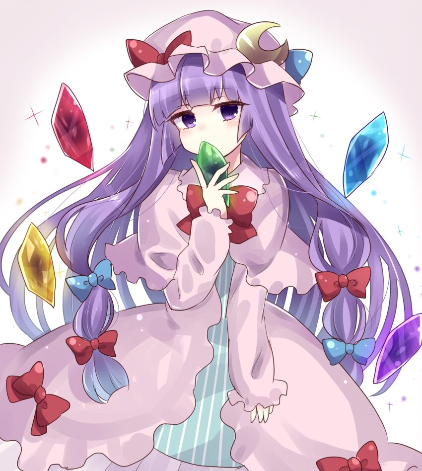 1girl blue_bow blue_dress blunt_bangs bow bowtie capelet covering_own_mouth crescent crescent_hat_ornament crystal dress hair_bow hat hat_bow hat_ornament highres light_blush long_hair long_sleeves looking_at_viewer mob_cap patchouli_knowledge philosopher&#039;s_stone purple_eyes purple_hair red_bow red_bowtie robe simple_background solo sparkle striped_clothes striped_dress subaru_(subachoco) touhou very_long_hair white_background