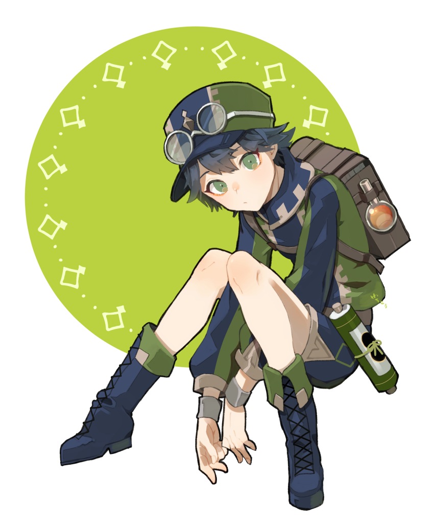 1boy absurdres backpack bag black_hair boots eyewear_on_head eyewear_on_headwear fire_emblem fire_emblem_engage full_body glasses green_eyes hat highres jean_(fire_emblem) looking_at_viewer nintendo short_hair shorts simple_background solo yachimata_1205