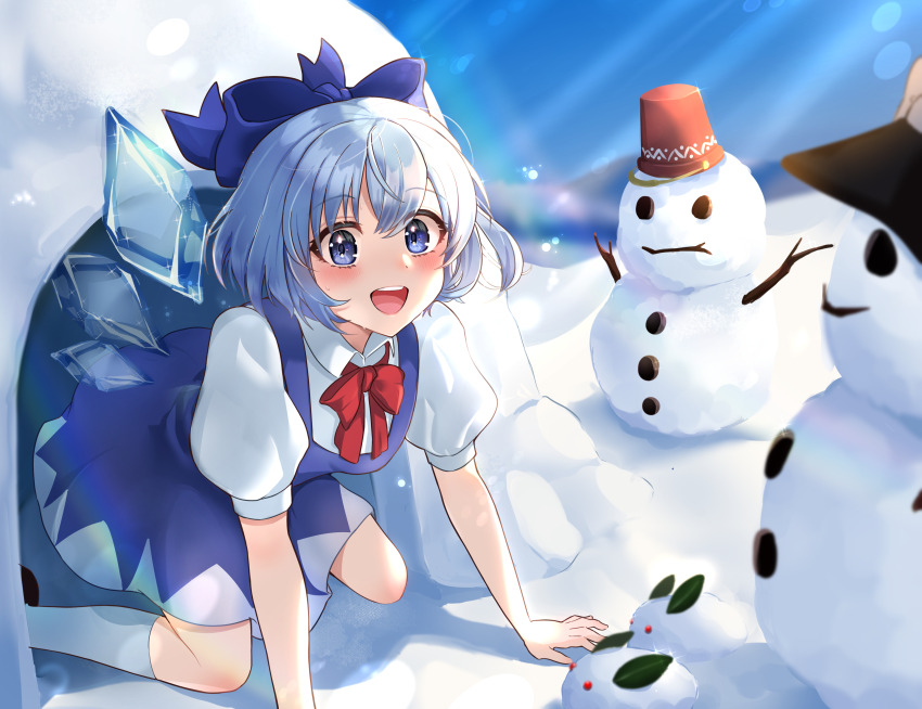 1girl :d absurdres all_fours blue_bow blue_dress blue_eyes blue_hair blush bow breasts cirno dress glint hair_bow happy highres ice ice_wings igloo kneehighs looking_at_viewer medium_breasts open_mouth puffy_short_sleeves puffy_sleeves short_hair short_sleeves smile snow snow_rabbit snow_shelter snowman socks solo sparkle touhou wheat_retzel wings