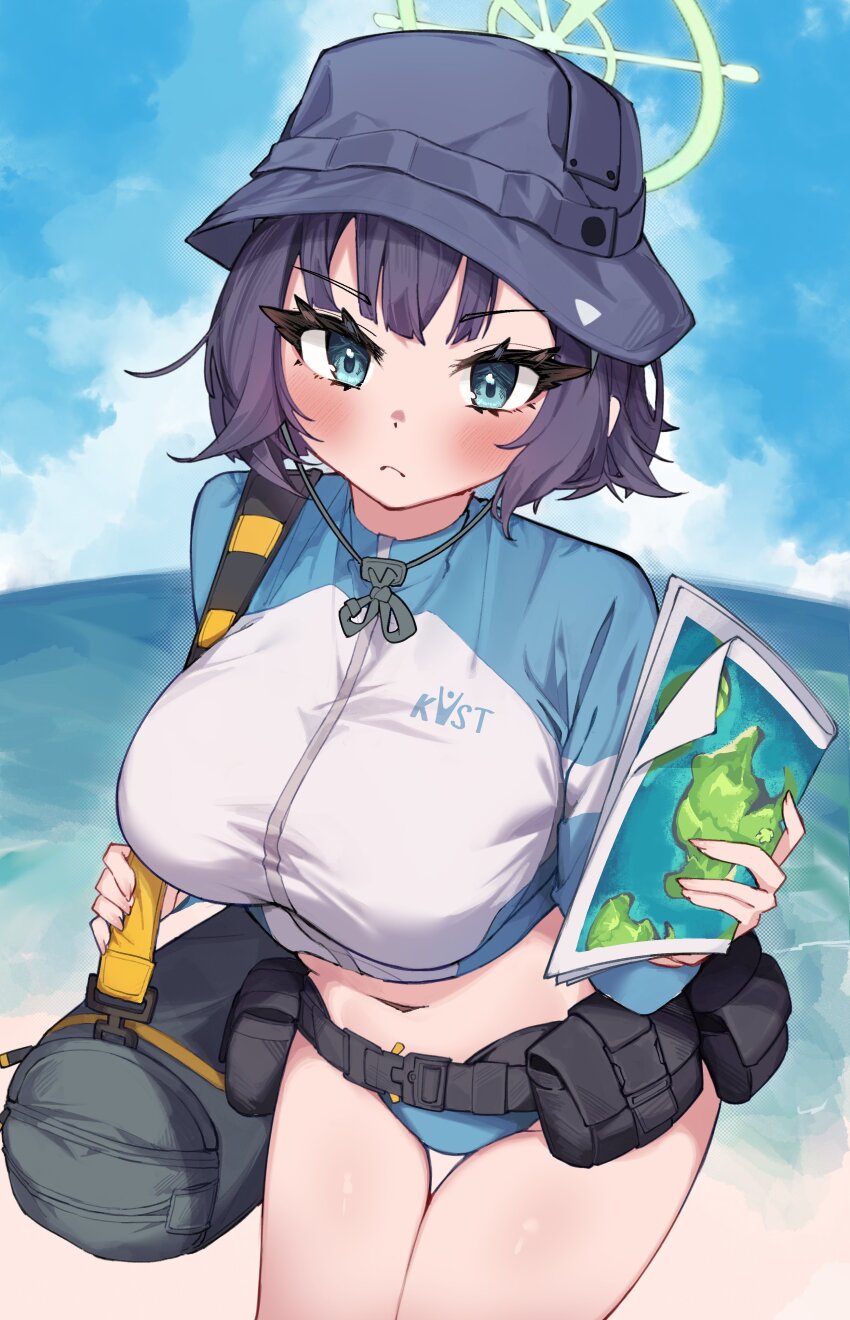 1girl absurdres auraaa bag beach belt belt_pouch bikini bikini_bottom_only blue_archive blue_bikini blue_eyes blue_hat blue_sleeves blush breasts bucket_hat closed_mouth cloud duffel_bag green_halo halo hat highres holding holding_map large_breasts long_sleeves looking_at_viewer map midriff navel ocean official_alternate_costume outdoors pouch raglan_sleeves rash_guard saki_(blue_archive) saki_(swimsuit)_(blue_archive) short_hair sky solo swimsuit utility_belt