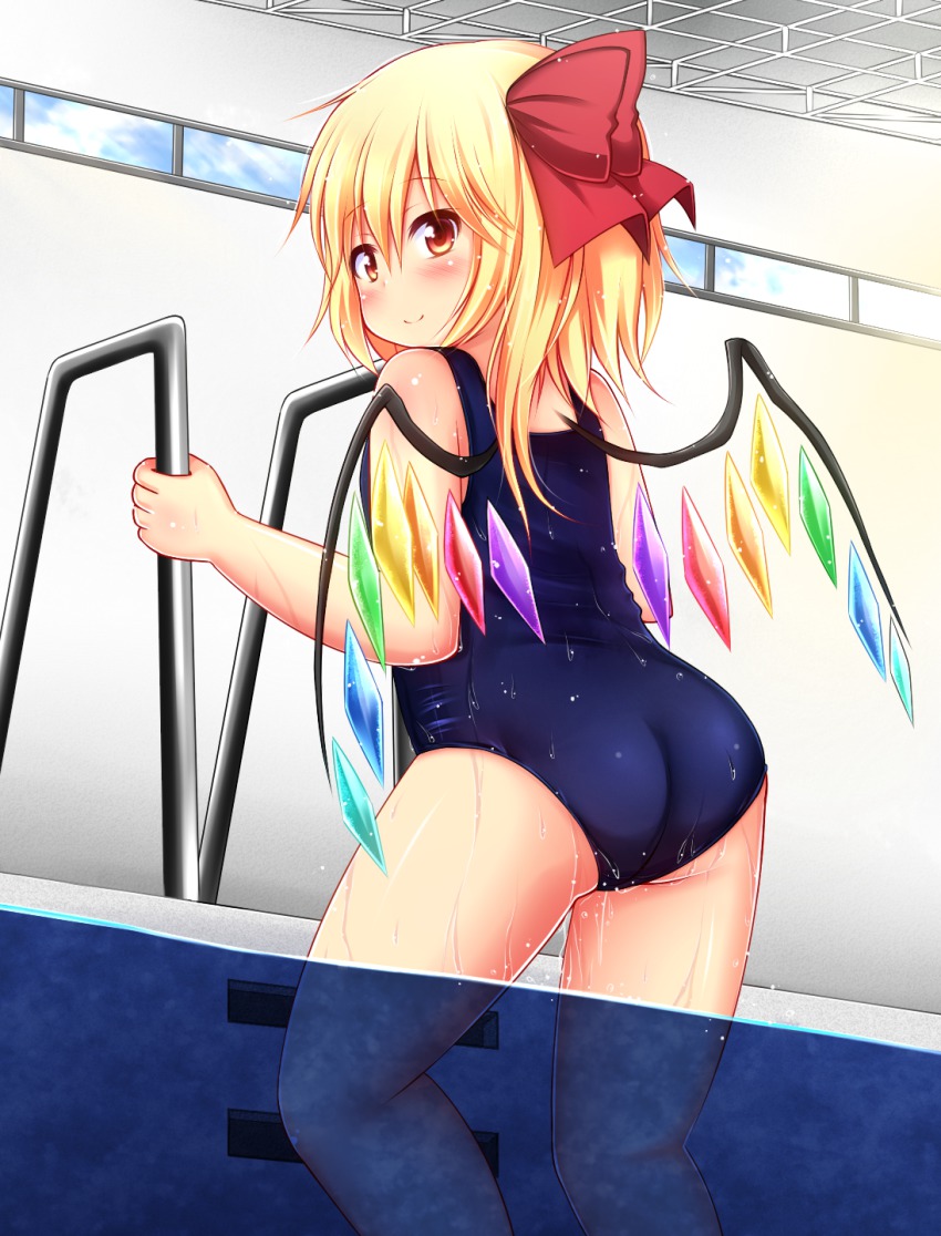 1girl alternate_costume ass blonde_hair blush female_focus flandre_scarlet hair_ribbon highres looking_at_viewer looking_back one-piece_swimsuit plump pool red_eyes renati_(renatium) ribbon school_swimsuit short_hair simple_background smile solo swimsuit touhou wet white_background wings