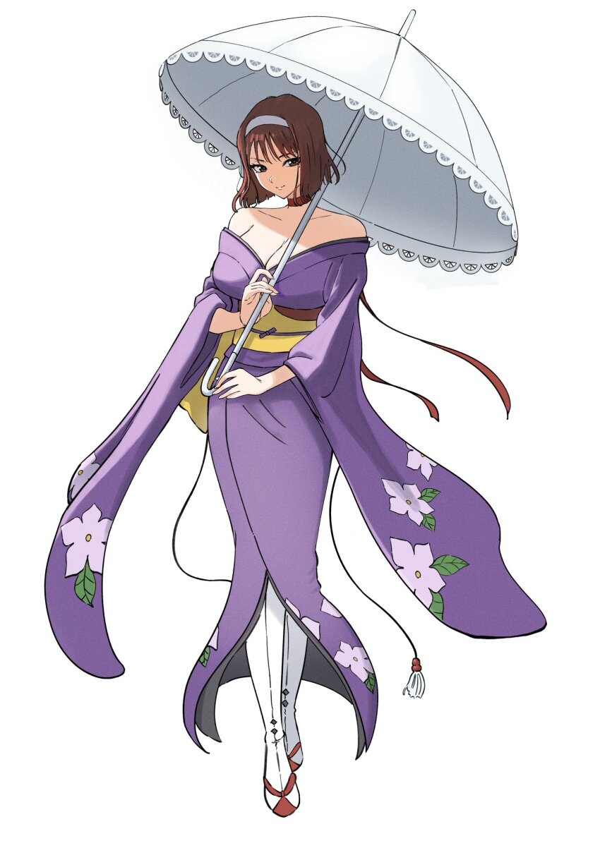 1girl breasts brown_eyes brown_hair cleavage highres japanese_clothes kanzaki_sumire large_breasts legs looking_at_viewer sakura_taisen sega short_hair sleeveless smile solo thighs umbrella