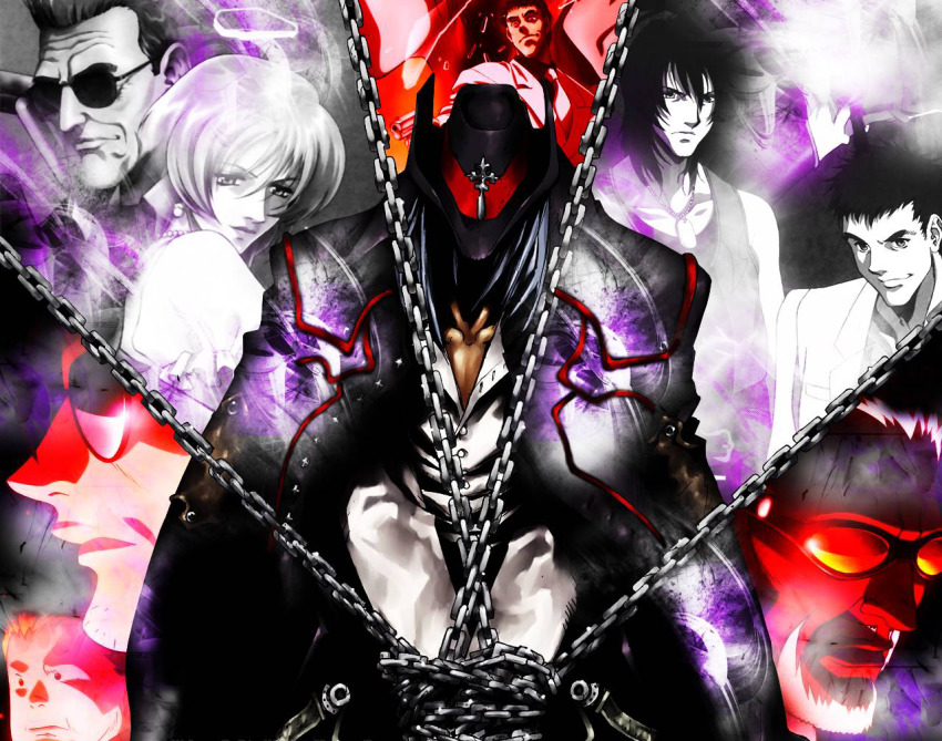 00s 1girl 4boys asagi_maria big_daddy_(gungrave) brandon_heat cape chain closed_mouth colored_skin demon grey_theme gungrave harry_macdowell looking_at_viewer multiple_boys red_skin silhouette smirk sunglasses yellow_eyes