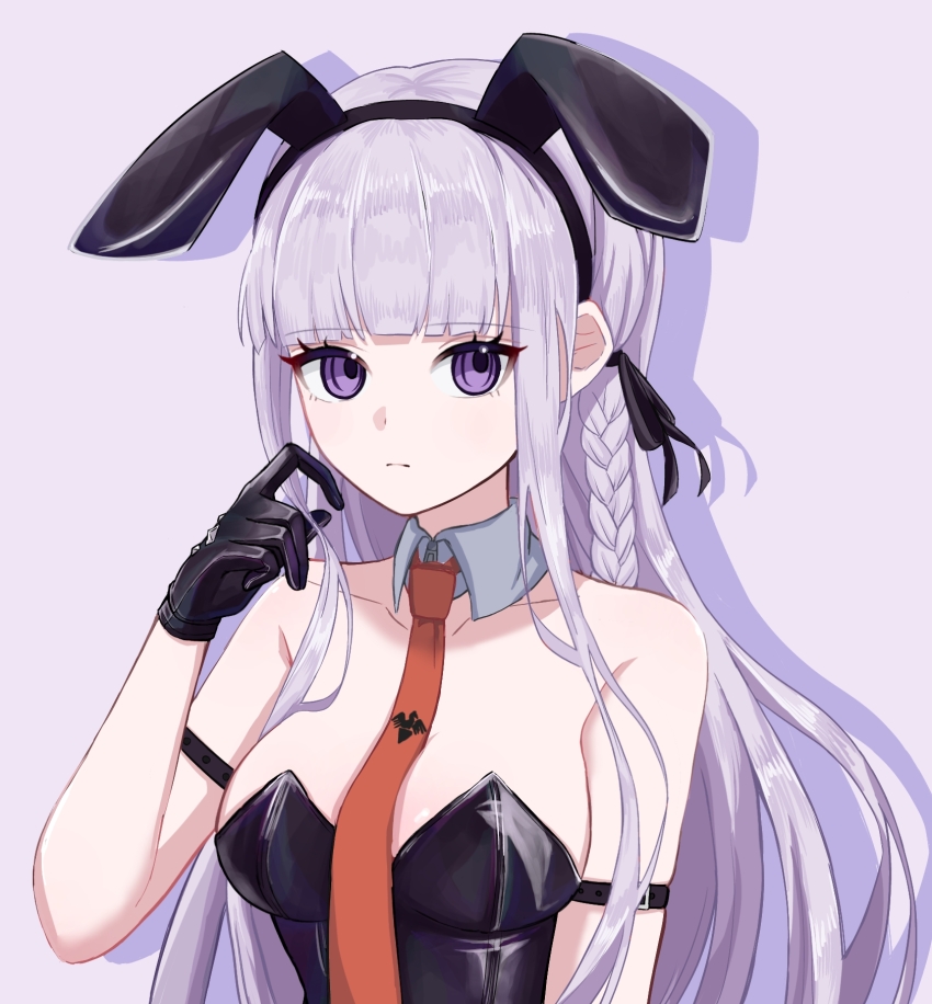 1girl animal_ears bare_shoulders black_leotard blunt_bangs breasts brown_necktie danganronpa:_trigger_happy_havoc danganronpa_(series) detached_collar fake_animal_ears hand_up highres kirigiri_kyoko large_breasts leotard long_hair looking_at_viewer necktie nia_(nya_nanjr) nia_(user_detw4528) official_alternate_costume playboy_bunny rabbit_ears revision solo strapless strapless_leotard wrist_cuffs