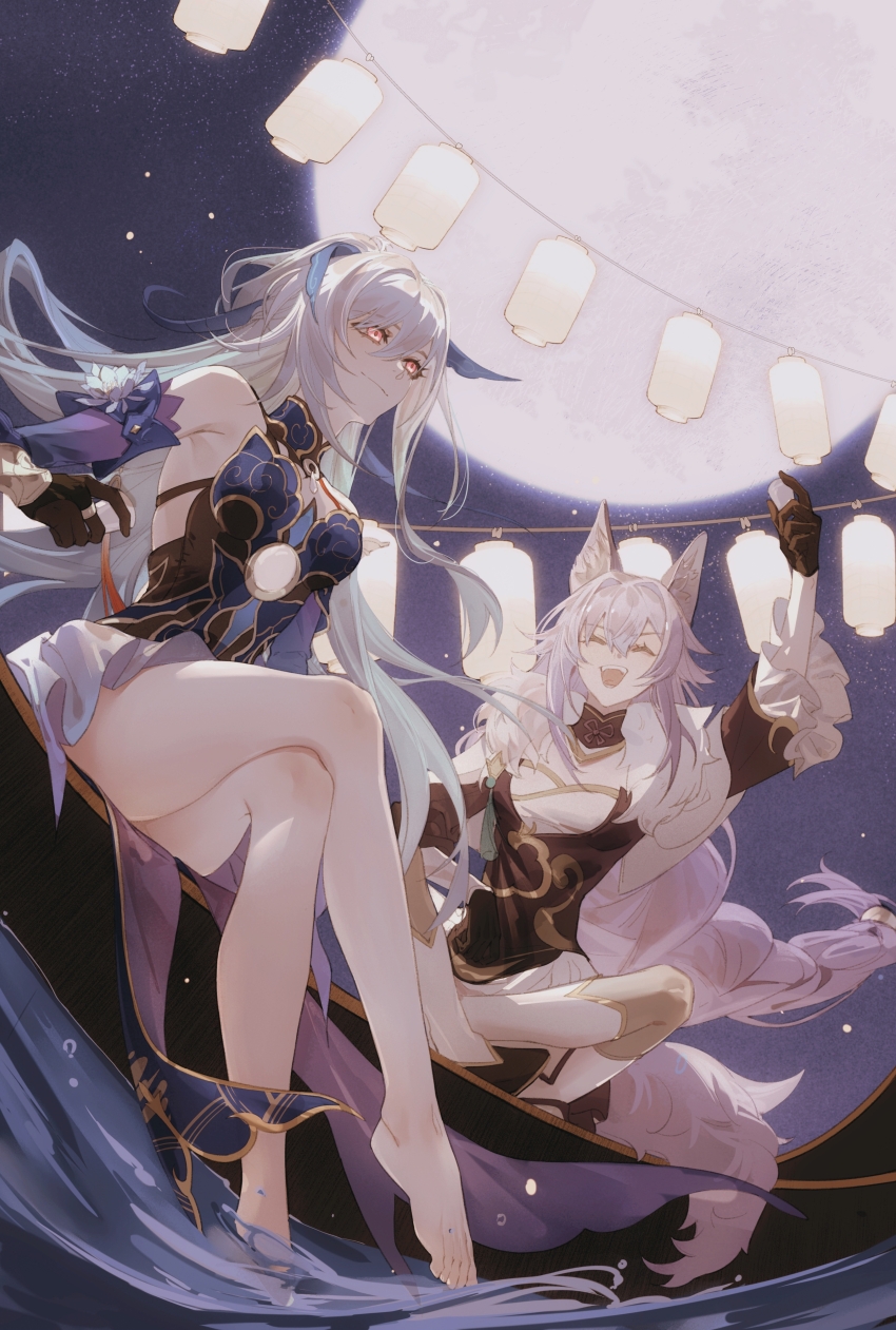 2girls absurdres animal_ears aoma_(xuanzexuexi) baiheng_(honkai:_star_rail) bare_legs bare_shoulders barefoot black_gloves blue_sleeves braid closed_eyes crossed_legs cup detached_sleeves epiphyllum feet flower fox_ears fox_girl fox_tail full_moon gloves hand_up high_ponytail highres holding holding_cup honkai:_star_rail honkai_(series) huge_moon jingliu_(honkai:_star_rail) knees_together_feet_apart lantern legs long_hair moon multiple_girls night night_sky plantar_flexion ponytail red_eyes single_braid sky smile soaking_feet tail toenails toes water white_flower white_hair