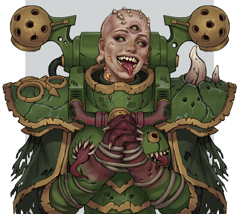 1girl adepta_sororitas armor boils capelet chaos_(warhammer) corruption extra_eyes extra_mouth extra_tongue eyelashes fingernails green_eyes highres nurgle_(symbol) own_hands_clasped own_hands_together sharp_fingernails sharp_teeth solo spiked_pauldrons spikes teeth tongue tongue_out torn_capelet torn_clothes upper_body warhammer_40k yangzheyy