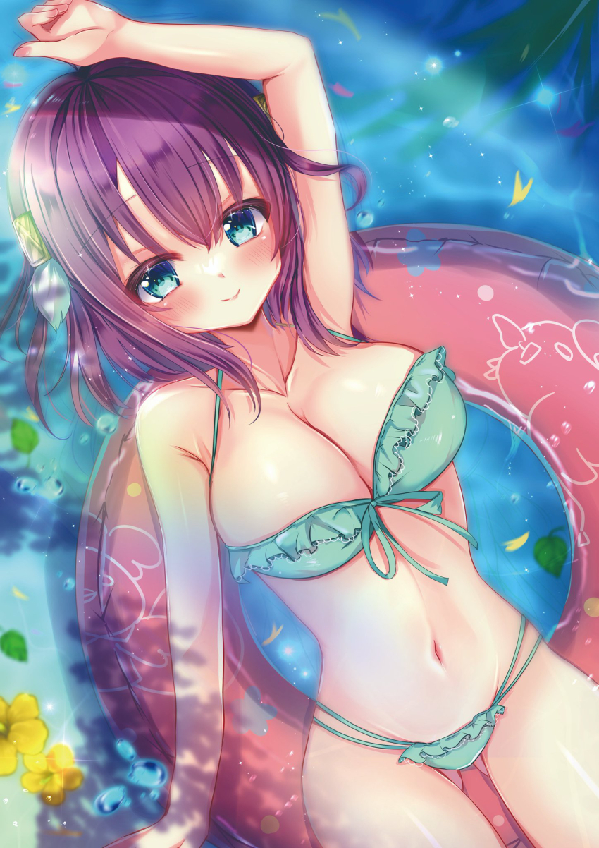 1girl alternate_costume ao_no_kanata_no_four_rhythm aqua_eyes arm_at_side arm_up armpit_crease bare_arms bare_shoulders bikini breasts cleavage closed_mouth collarbone commentary_request cowboy_shot day dutch_angle flower flower_on_liquid frilled_bikini frills front-tie_bikini_top front-tie_top gluteal_fold green_bikini hair_between_eyes hair_ornament halterneck happy highres ichinose_rika large_breasts lips looking_at_viewer lying medium_hair navel nekota_min on_back outdoors purple_hair smile solo sparkle sparkling_eyes stomach straight_hair swim_ring swimsuit water yellow_flower