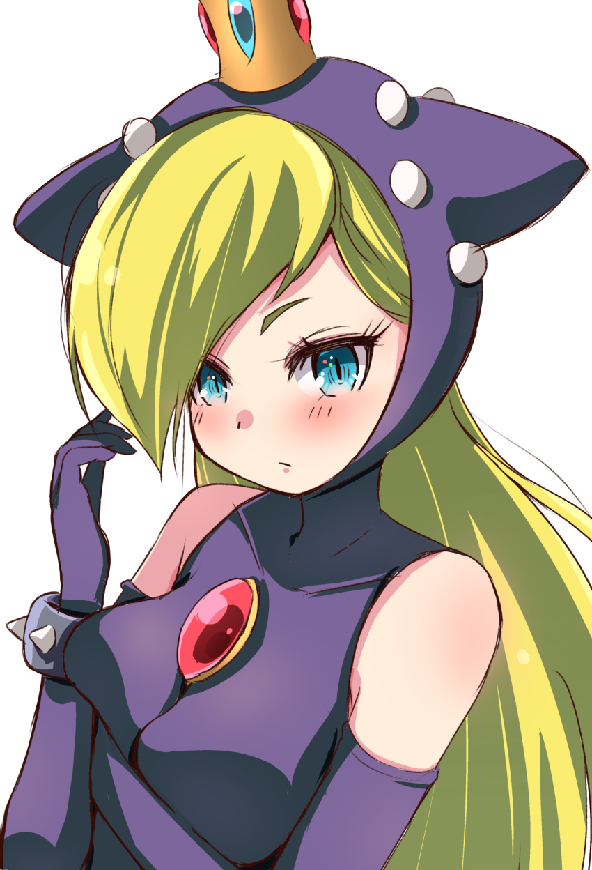 1girl blonde_hair blue_eyes blush bracelet breasts crown elbow_gloves expressionless gem gloves highres hood jewelry long_hair looking_at_viewer mario_(series) mario_power_tennis mario_tennis mini_crown nekonomiya_mikoto nintendo sleeveless solo spiked_bracelet spikes turtleneck upper_body warupeach