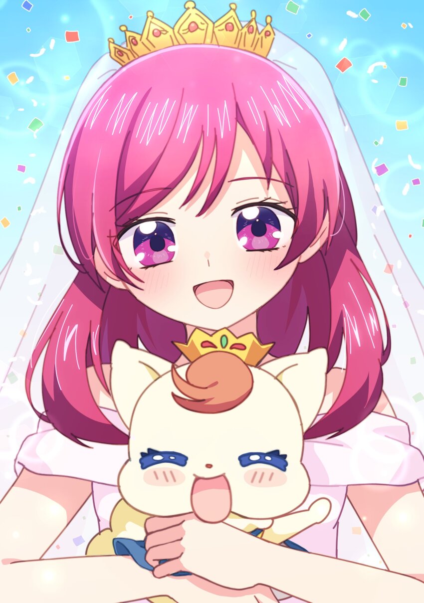 1boy 1girl absurdres blue_cape blush blush_stickers bridal_veil brown_hair cape closed_eyes coco_(yes!_precure_5) confetti crown dress fairy highres holding kibou_no_chikara_otona_precure_&#039;23 medium_hair mini_crown nene_man off-shoulder_dress off_shoulder open_mouth pink_dress pink_eyes pink_hair precure rabbit smile tiara upper_body veil waving wedding_dress yes!_precure_5 yes!_precure_5_gogo! yumehara_nozomi