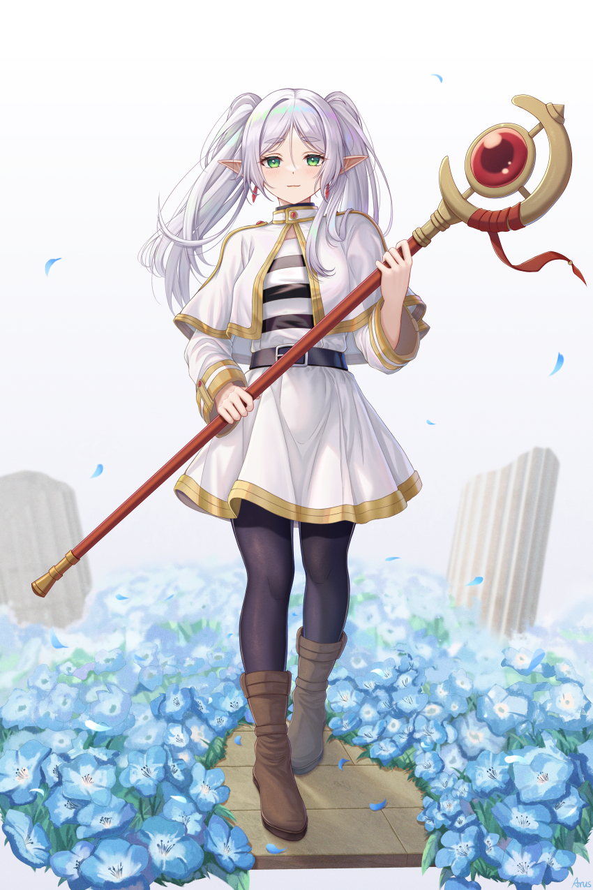 1girl absurdres arus belt blue_flower boots capelet earrings elf floating_earring flower frieren gold_trim green_eyes highres jewelry light_smile long_hair looking_at_viewer mage_staff nemophila_(flower) pantyhose pointy_ears shirt skirt solo sousou_no_frieren striped_clothes striped_shirt thick_eyebrows twintails white_capelet white_hair white_skirt