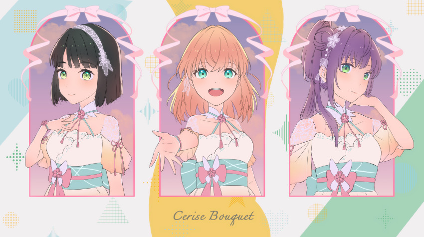 3girls 3rd_live_tour_try_tri_unity!!! :d absurdres aqua_eyes black_hair blunt_bangs blunt_ends blush bow breasts cerise_bouquet closed_mouth collarbone column_lineup commentary crossed_bangs dress green_eyes green_sash group_name hair_bun hair_ornament hand_on_own_chest highres hinoshita_kaho lace_dress link!_like!_love_live! long_hair looking_at_viewer love_live! medium_breasts medium_hair momose_ginko multiple_girls offering_hand official_alternate_costume open_mouth orange_hair otomune_kozue pink_bow pink_ribbon purple_hair rabbit_hair_ornament ribbon sash sen_yousoro short_hair side_ponytail sidelocks single_side_bun smile split_mouth teeth two_side_up upper_teeth_only virtual_youtuber white_dress