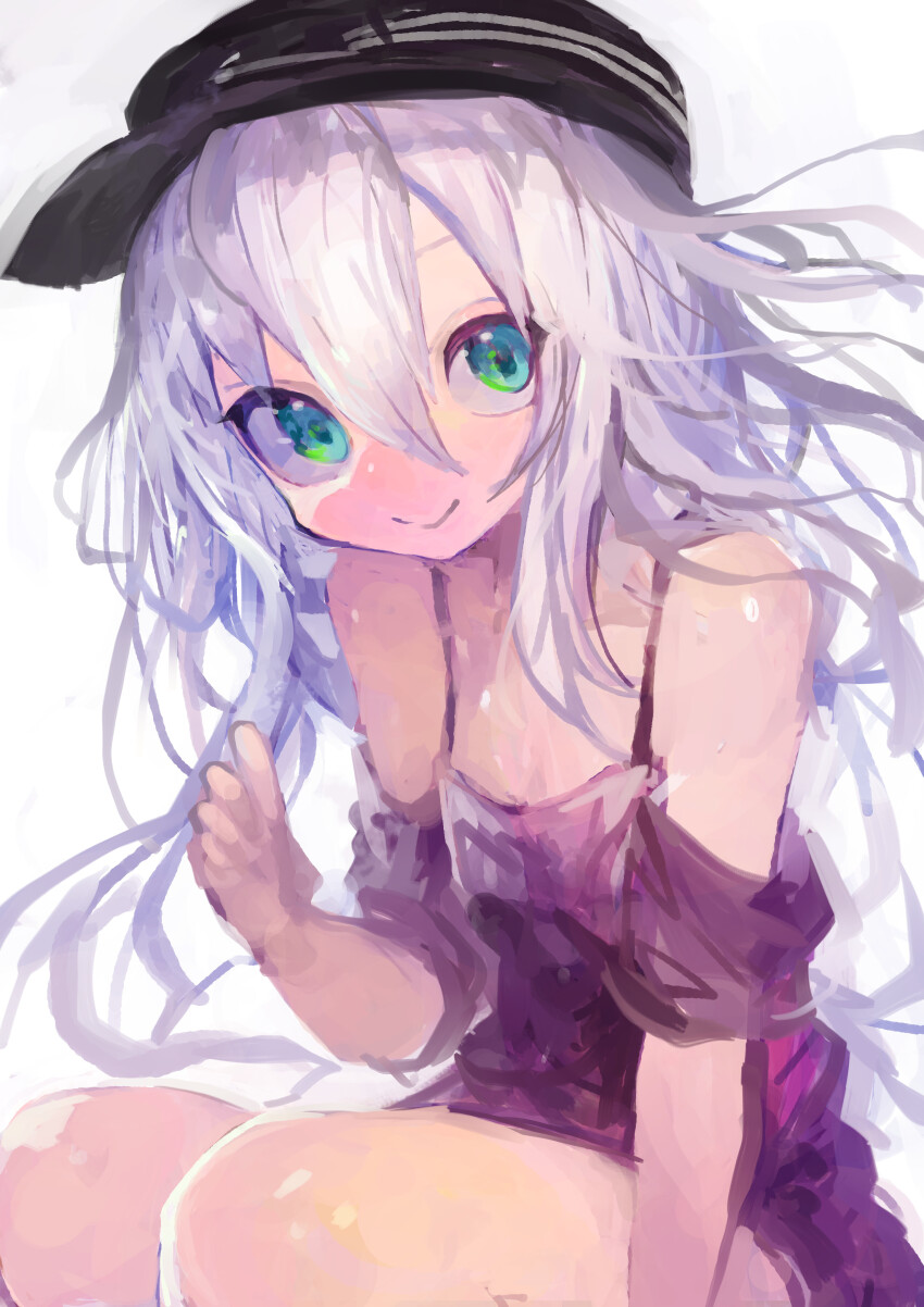 1girl absurdres alternate_costume bare_shoulders black_hat commentary dress flat_cap green_eyes hair_between_eyes hat hibiki_(kancolle) highres kaamin_(mariarose753) kantai_collection long_hair looking_at_viewer messy_hair purple_dress simple_background solo very_long_hair white_background white_hair