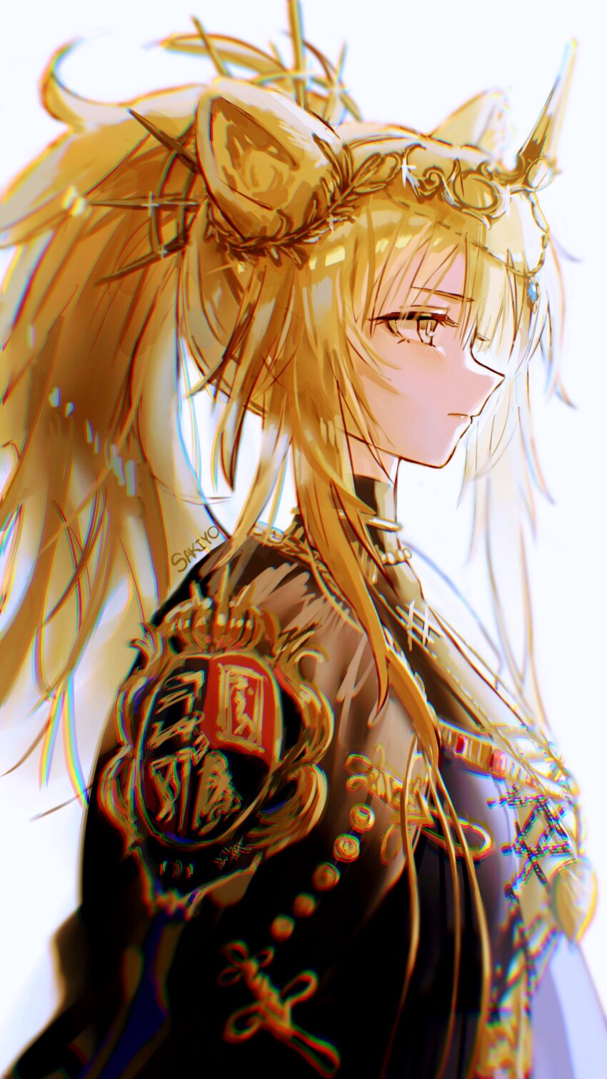 1girl absurdres animal_ears arknights armor blonde_hair hair_ornament highres jewelry long_hair ponytail sakiyo siege_(arknights) vina_victoria_(arknights) white_background yellow_eyes