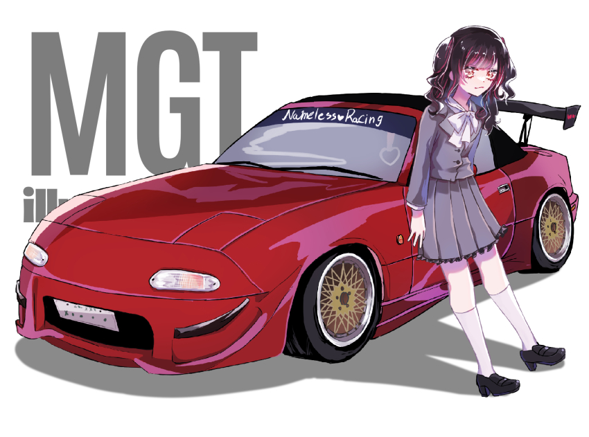 1girl absurdres black_footwear brown_hair car eunos_roadster frilled_skirt frills frown grey_jacket grey_skirt heart highres illest_(brand) jacket logo looking_at_viewer mazda mazda_mx-5 mazda_mx-5_na motor_vehicle mugi_(marineblue134) multicolored_hair original personification pleated_skirt red_hair shadow shoes simple_background skirt socks solo spoiler_(automobile) sports_car stance_(vehicle) streaked_hair two_side_up vehicle_and_personification vehicle_focus white_background white_socks