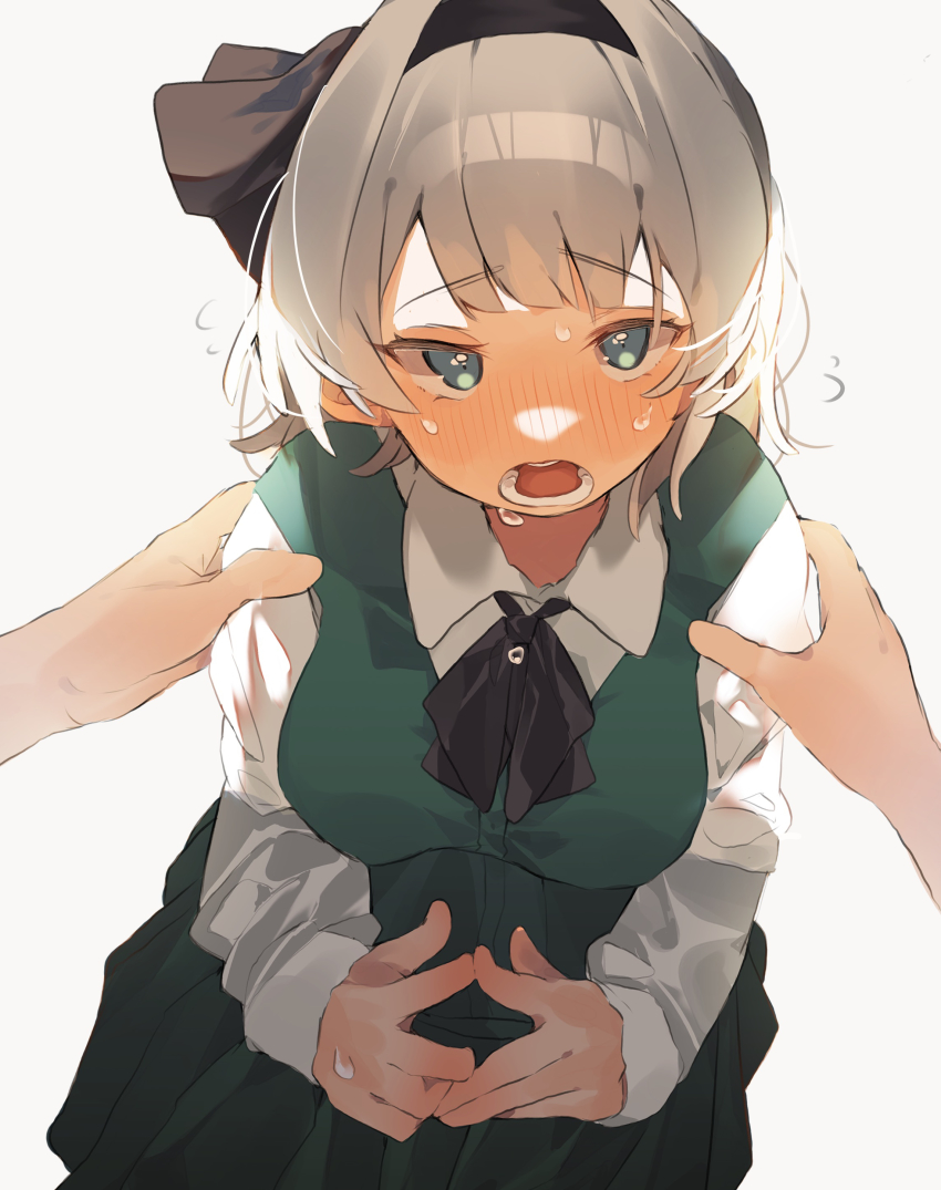 1girl absurdres black_bow black_bowtie black_hairband blush bow bowtie breasts collar collared_shirt commentary dress green_dress green_eyes grey_background grey_hair hairband hands_on_another&#039;s_shoulders higa_(gominami) highres konpaku_youmu long_sleeves looking_at_viewer medium_breasts open_mouth shirt short_hair simple_background solo steepled_fingers symbol-only_commentary teeth touhou white_shirt