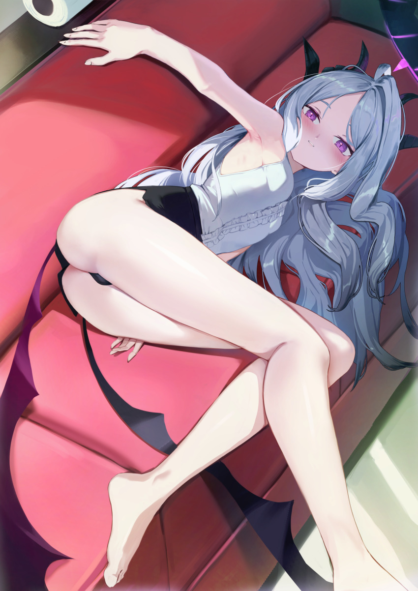 1girl ass bare_arms bare_legs bare_shoulders barefoot black_panties blue_archive blush couch demon_girl demon_horns feet grey_hair highres hina_(blue_archive) horns indoors long_hair looking_at_viewer lying on_side panties pencil_skirt purple_eyes rui_rubellent skirt sleeveless smile solo underwear very_long_hair