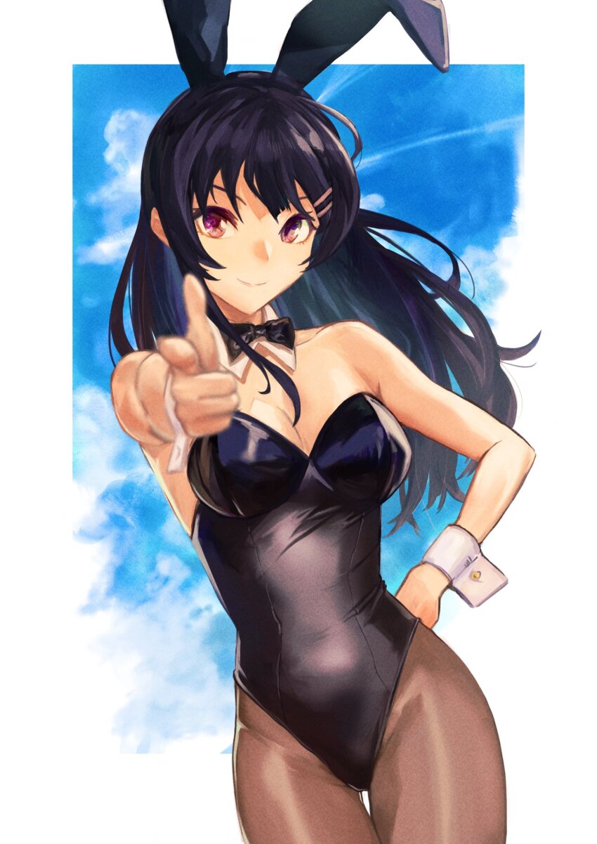 1girl aiming aiming_at_viewer animal_ear_hairband animal_ears black_bow black_hair black_hairband black_leotard blue_sky bow breasts cleavage cloud cloudy_sky fake_animal_ears finger_gun hair_ornament hairband hairclip highres leotard long_hair looking_at_viewer pantyhose playboy_bunny rabbit_ear_hairband rabbit_ears sakurajima_mai seishun_buta_yarou short_sleeves sky smile sokora_hen solo white_sleeves