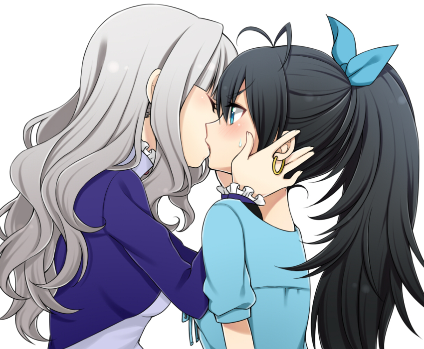 2girls black_hair blue_eyes blush earrings female_focus ganaha_hibiki grey_hair idolmaster idolmaster_(classic) jewelry kiss long_hair masato_ayame multiple_girls ponytail ribbon shijou_takane yuri