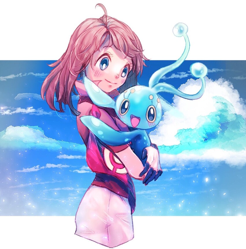 1girl black_gloves blue_eyes blue_sky bright_pupils brown_hair closed_mouth cloud creatures_(company) game_freak gen_4_pokemon gloves high_collar highres holding holding_pokemon legendary_pokemon manaphy may_(pokemon) medium_hair miniskirt mythical_pokemon nintendo pokemon pokemon_(creature) pokemon_rse r.aka. red_shirt shirt short_sleeves skirt sky smile two-tone_gloves white_gloves white_pupils white_skirt