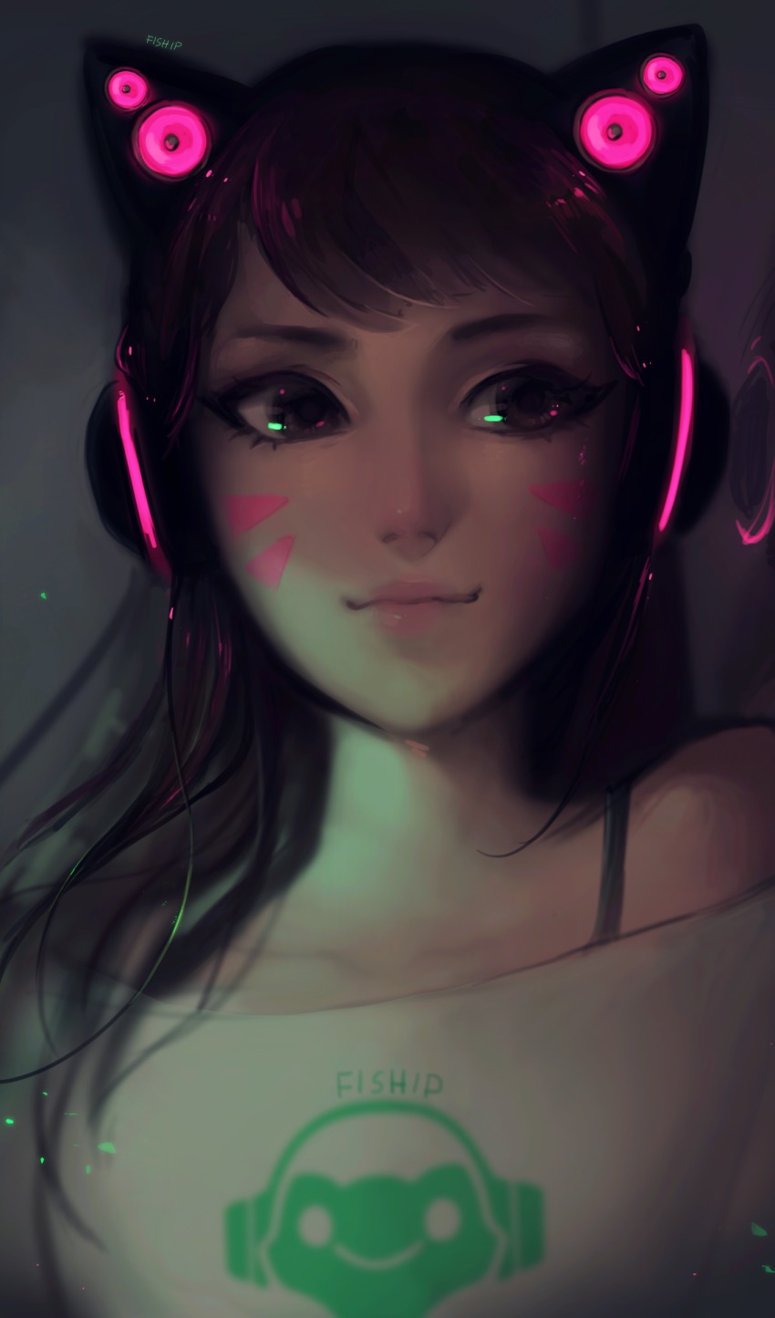 1girl alternate_headwear animal_ear_headphones animal_ears artist_name axent_wear black_bra bra bra_strap brown_eyes brown_hair cat_ear_headphones collarbone d.va_(overwatch) emblem eyelashes eyeliner facepaint facial_mark fake_animal_ears female_focus glowing grey_background headphones highres light_smile lips long_hair looking_at_viewer makeup making-of_available matilda_fiship nose overwatch overwatch_1 pink_lips portrait shirt signature solo swept_bangs underwear whisker_markings white_shirt