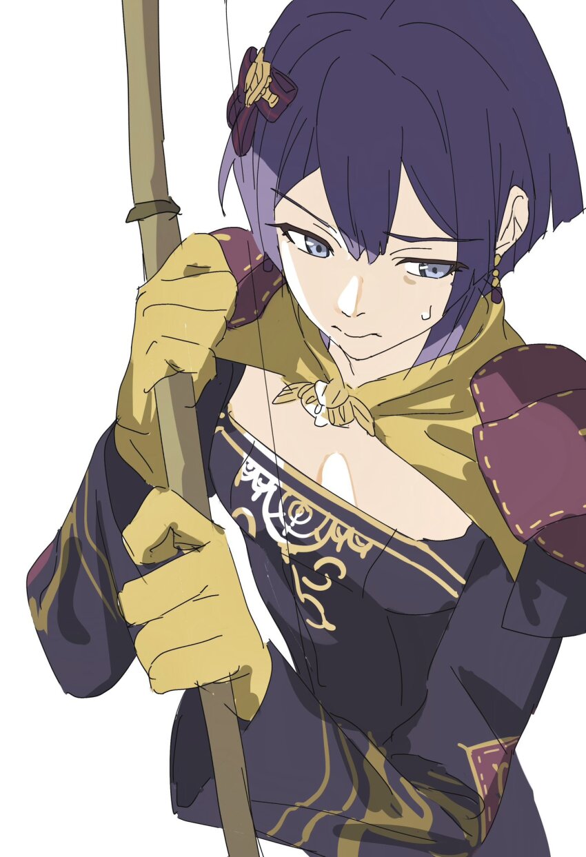 1girl armor bernadetta_von_varley bow_(weapon) dress fire_emblem fire_emblem:_three_houses from_above gloves highres holding holding_bow_(weapon) holding_weapon nakmini nintendo pauldrons purple_dress purple_eyes purple_hair shoulder_armor shoulder_pads simple_background solo sweatdrop weapon white_background yellow_gloves