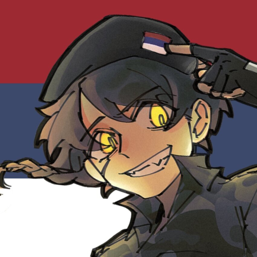 1girl bad_source beret black_gloves black_hair bosnian_war braid camouflage chen_feng_(slbdofcl) close-up dynamic_pose facial_scar fang fingerless_gloves gloves glowing glowing_eyes grin hat jacket military military_hat military_jacket military_uniform pointing pointing_at_self republika_srpska republika_srpska_(chen_feng) scar scar_on_cheek scar_on_face serbia serbian_flag sharp_teeth short_hair smile smirk teeth tomboy yellow_eyes yugoslav_wars