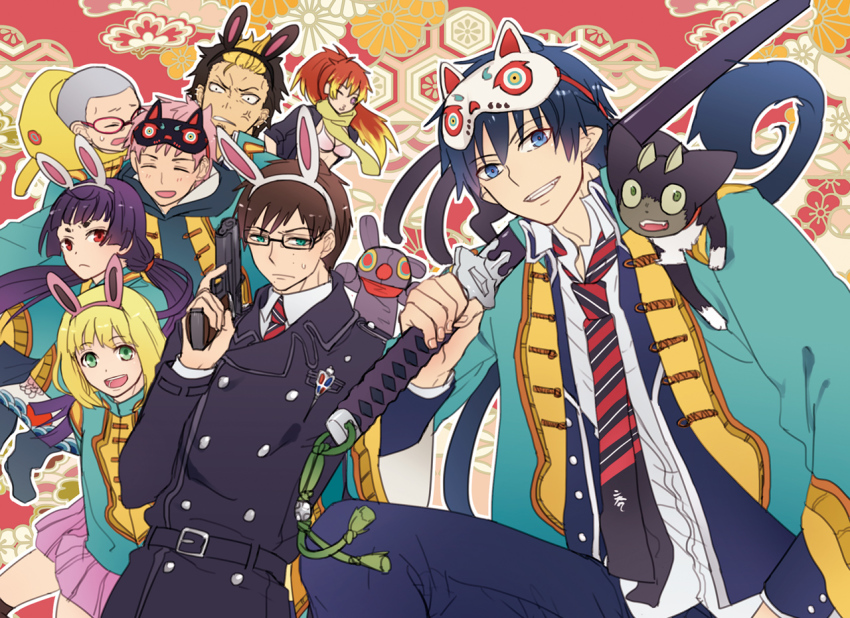 3girls 5boys angry ao_no_exorcist brothers glasses japanese_clothes kamiki_izumo kirigakure_shura kome_kako kuro_(ao_no_exorcist) mask miwa_konekomaru moriyama_shiemi multicolored_hair multiple_boys multiple_girls okumura_rin okumura_yukio over_shoulder pointy_ears school_uniform shima_renzou short_hair siblings sleeves_rolled_up suguro_ryuuji sword twintails two-tone_hair veins weapon