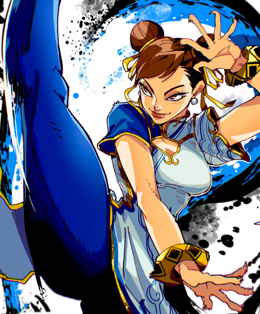 1girl absurdres blue_pants bracelet breasts brown_eyes brown_hair capcom china_dress chinese_clothes chun-li double_bun dress earrings gold_trim hair_bun high_kick highres isaacchief300 jewelry kicking pants pelvic_curtain solo street_fighter street_fighter_6 thick_thighs thighs