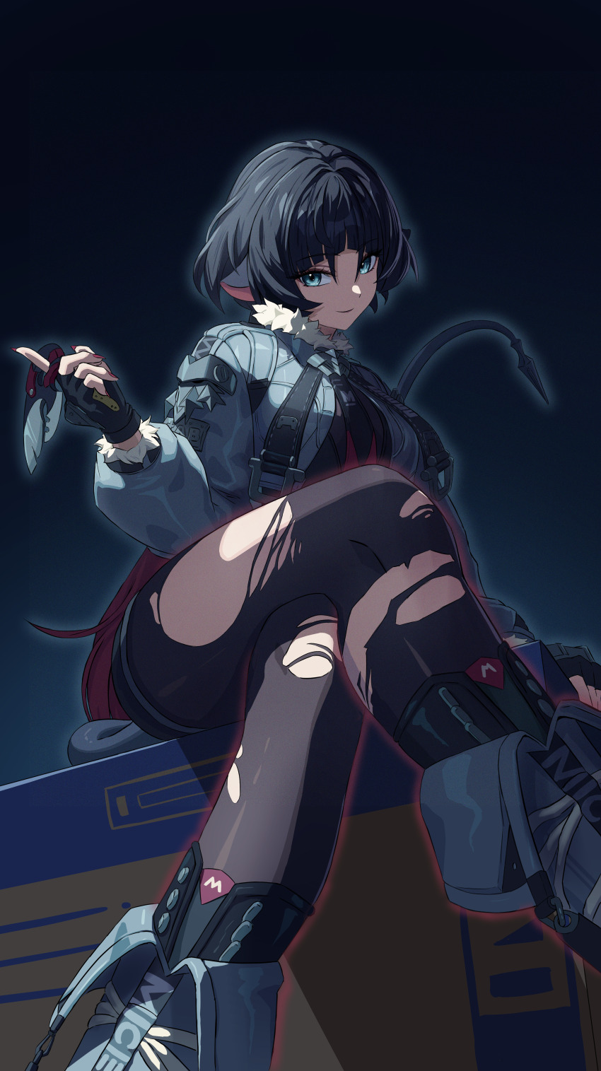 1girl absurdres animal_ears black_hair blunt_bangs closed_mouth crossed_legs fingerless_gloves fingernails fur-trimmed_jacket fur_trim gloves green_eyes green_jacket heeyan highres holding holding_weapon jacket jane_doe_(zenless_zone_zero) long_hair looking_at_viewer mouse_ears mouse_girl mouse_tail multicolored_hair nail_polish outdoors pantyhose red_hair red_nails sidelocks sitting smile solo tail thighhighs torn_clothes torn_pantyhose torn_thighhighs two-tone_hair weapon zenless_zone_zero