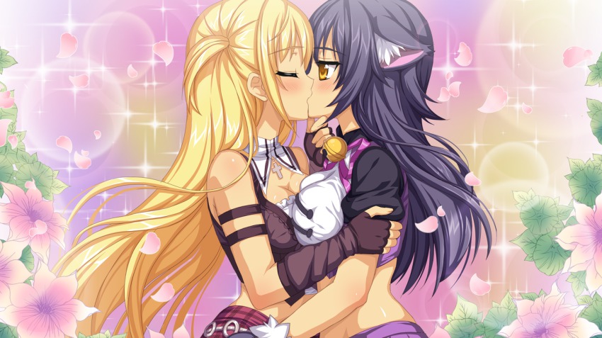 2girls animal_ears bel_(demon_master_chris) black_hair blonde_hair cat_ears demon_master_chris closed_eyes game_cg kiss long_hair multiple_girls saiga_kurisu vioka yellow_eyes yuri