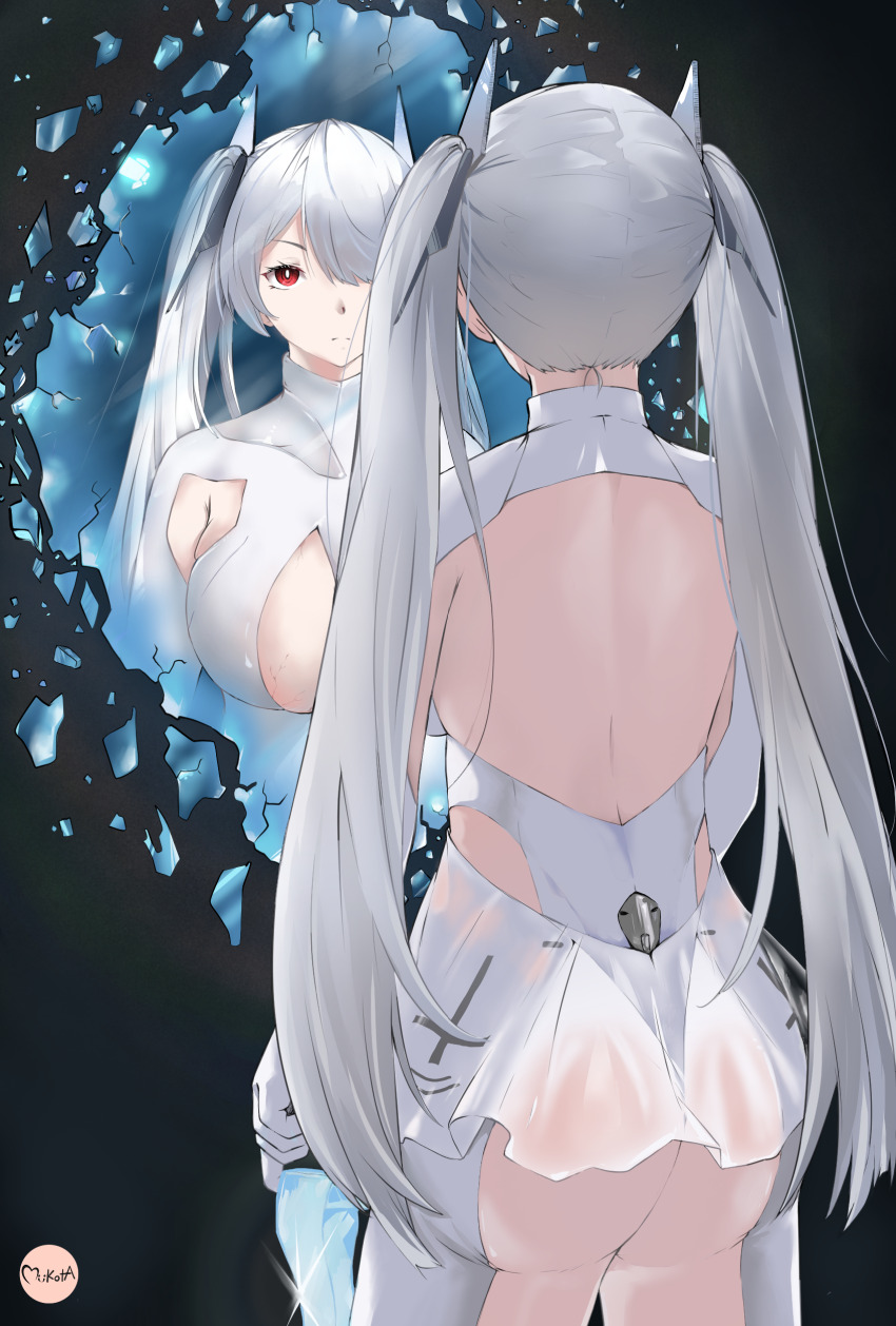 1girl ass bodysuit breasts cinderella_(nikke) dress from_behind goddess_of_victory:_nikke hair_ornament hair_over_one_eye huge_ass large_breasts leotard long_hair mikota_(showata) mirror red_eyes reflection see-through_clothes see-through_dress short_dress solo thighhighs twintails very_long_hair white_hair