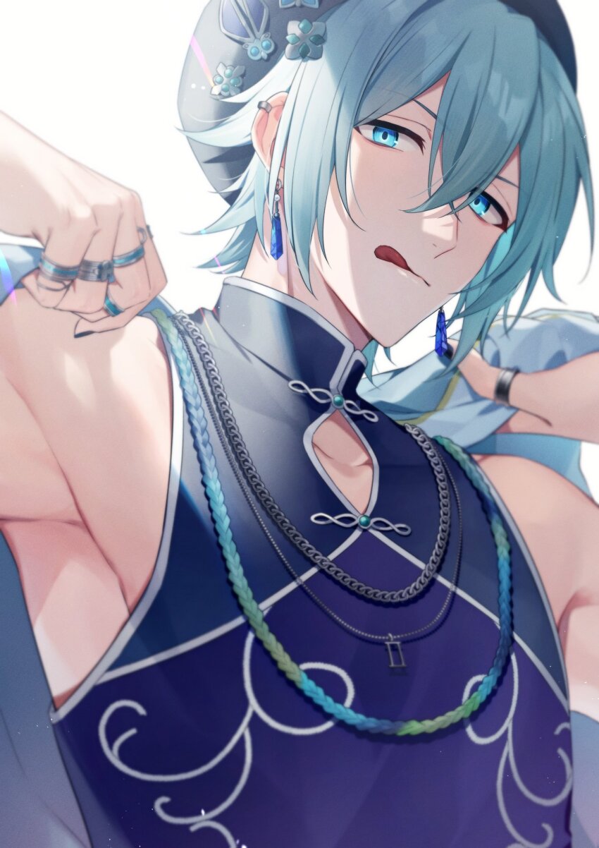 1boy aiue_o_eiua black_nails black_shirt blue_eyes blue_hair blue_nails chinese_clothes earrings grey_background grey_headwear highres idolish7 jewelry light_blue_hair looking_at_viewer male_focus ring shirt solo tongue tongue_out yotsuba_tamaki