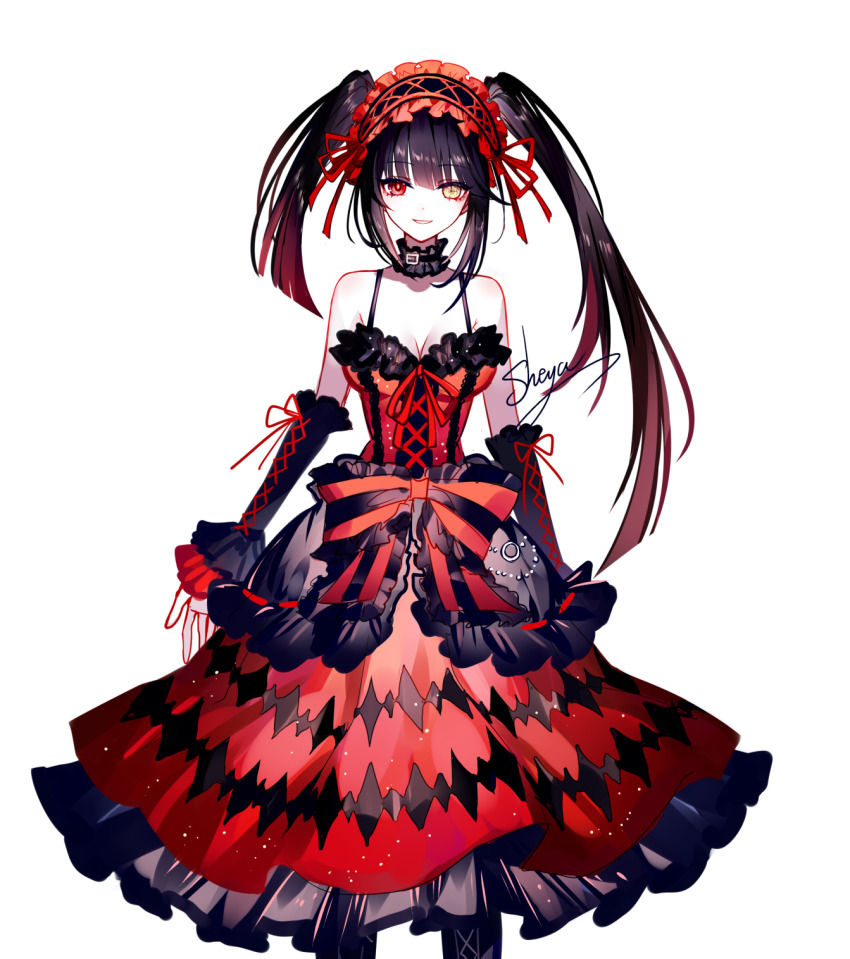 1girl artist_name black_hair date_a_live detached_sleeves dress grin hair_ribbon heterochromia highres long_hair looking_at_viewer red_dress red_eyes red_ribbon revision ribbon sheya signature simple_background smile solo spaghetti_strap standing tokisaki_kurumi twintails very_long_hair white_background yellow_eyes