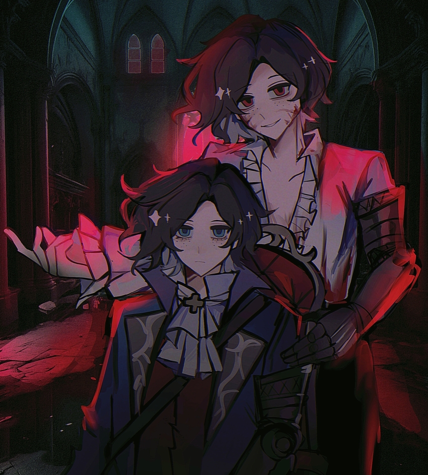 2boys ascot black_hair black_pants blood blood_on_clothes blood_on_face blue_eyes blue_jacket chinese_commentary closed_mouth commentary_request dual_persona expressionless freckles frilled_sleeves frills gauntlets grin hand_on_another&#039;s_shoulder highres jacket lies_of_p long_sleeves male_focus mao_mao_lai_lou multiple_boys open_clothes open_jacket pants pinocchio_(lies_of_p) red_eyes red_vest shirt short_hair smile vest white_ascot white_shirt