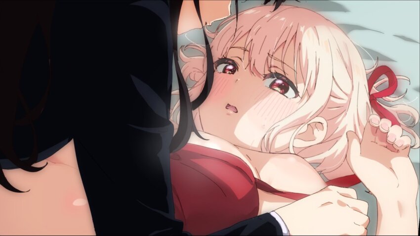 2girls bare_shoulders bed_sheet black_hair blonde_hair blush bra breasts commentary hair_ribbon inoue_takina large_breasts lips long_hair lycoris_recoil lying medium_breasts multiple_girls nishikigi_chisato on_back or2_(sahr7857) red_bra red_eyes red_ribbon ribbon short_hair underwear yuri